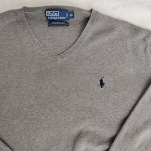 POLO RALPH‎ LAUREN Sweater Mens XL V-Neck Golf Jumper Ribbed Pima Cotton Gray